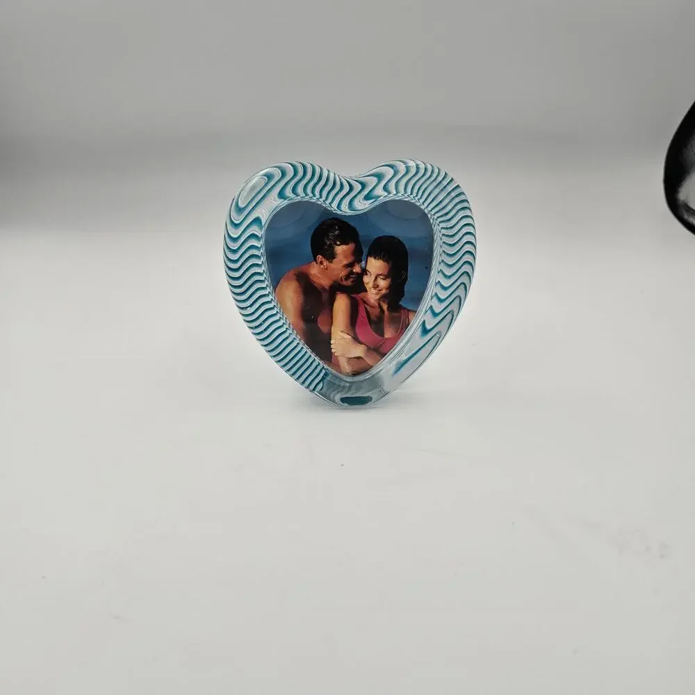 Vintage Mikasa Glass Heart Picture Frame Blue White Wavy Zebra Stripe
